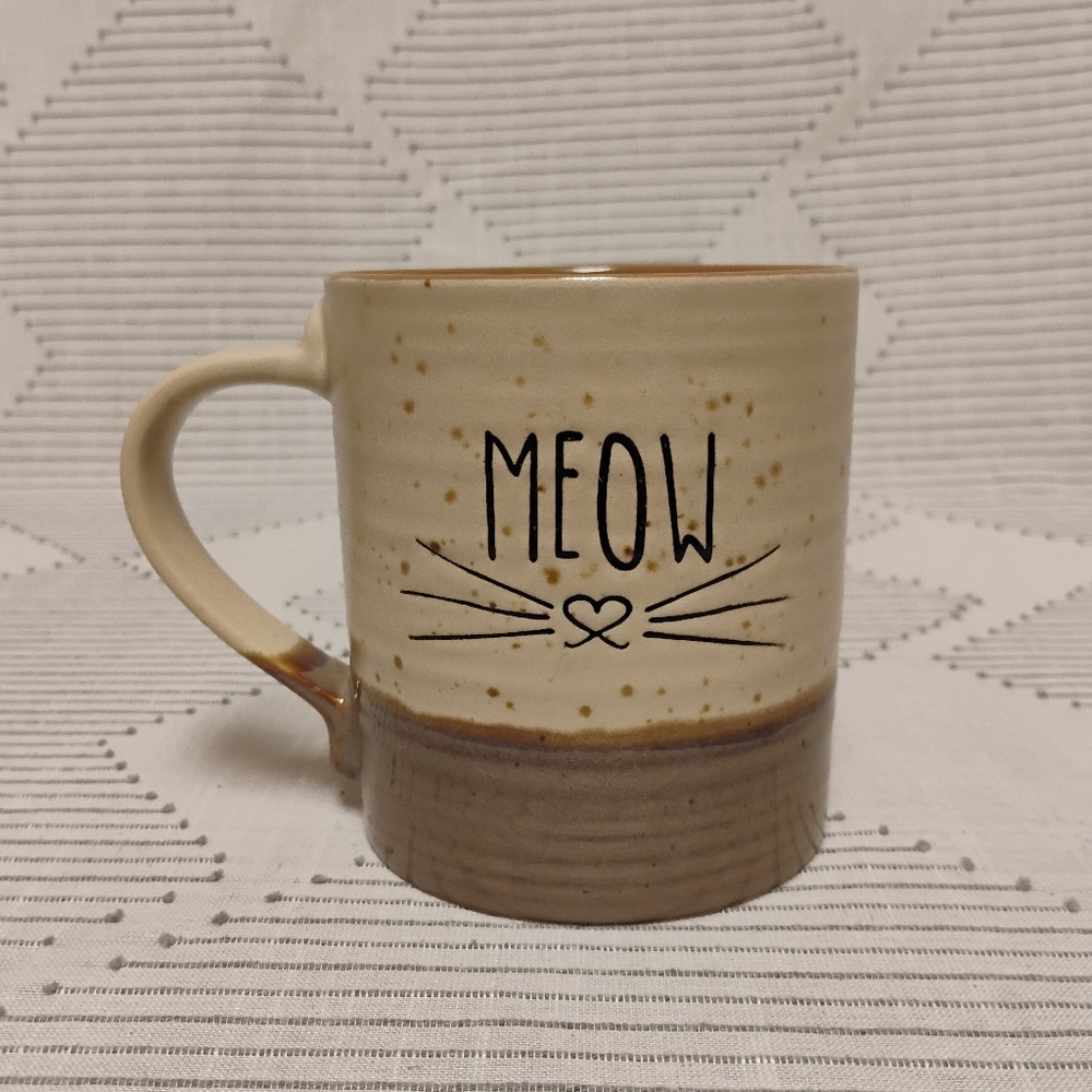 Meow Cat Mug in Cream and Brown Whiskers And Heart Nose Spectrum Designz 2017
